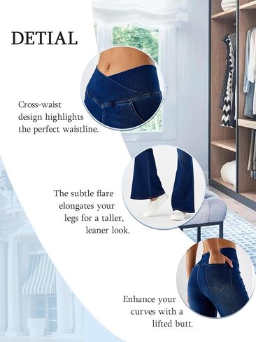 Bell Bottom Jeans for Women High Waisted Stretchy Flare Jeans Pull On Crossover Wide Leg Flared Pants with Pockets in Kuwait