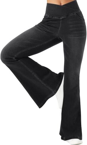 Bell Bottom Jeans for Women High Waisted Stretchy Flare Jeans Pull On Crossover Wide Leg Flared Pants with Pockets in Kuwait