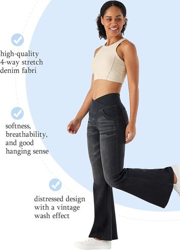 Bell Bottom Jeans for Women High Waisted Stretchy Flare Jeans Pull On Crossover Wide Leg Flared Pants with Pockets in Kuwait
