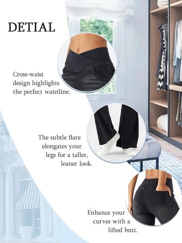 Bell Bottom Jeans for Women High Waisted Stretchy Flare Jeans Pull On Crossover Wide Leg Flared Pants with Pockets in Kuwait