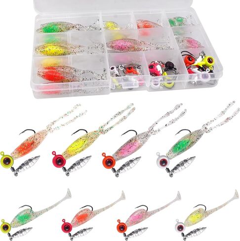 Crappie Lures Fishing Soft Plastic Lures Kit, 52pcs Soft Bait Crappie Fishing Lures Crappie Baits Swim Baits Split Paddle Tail Grub Soft Plastic for Bass Crappie Panfish Sunfish Walleye Fishing in Saudi Arabia