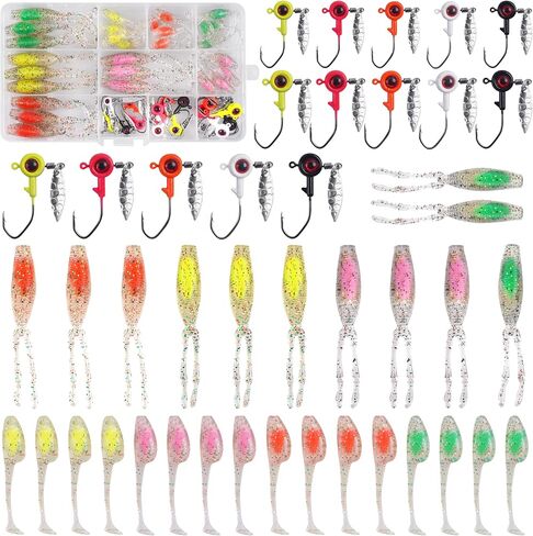 Crappie Lures Fishing Soft Plastic Lures Kit, 52pcs Soft Bait Crappie Fishing Lures Crappie Baits Swim Baits Split Paddle Tail Grub Soft Plastic for Bass Crappie Panfish Sunfish Walleye Fishing in Saudi Arabia