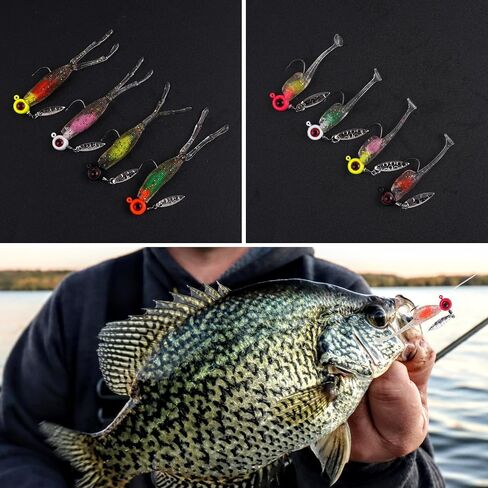 Crappie Lures Fishing Soft Plastic Lures Kit, 52pcs Soft Bait Crappie Fishing Lures Crappie Baits Swim Baits Split Paddle Tail Grub Soft Plastic for Bass Crappie Panfish Sunfish Walleye Fishing in Saudi Arabia