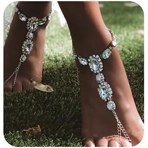 Xerling Crystal Ankle Bracelets with Toe Ring Bracelets Foot Chain Rhinestones Brides Foot Jewelry for Beach Lawn Wedding Women Barefoot Anklets 1Pcs (Type A)