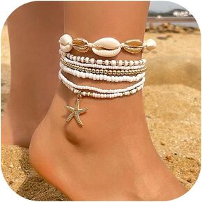 خواصات الصدفة للنساء أساور الكاحل Sea Shell for Women Starfish Anklet للنساء مقاوم للماء فساتين الشاطئ الصيفية للنساء 2025 عطلة
