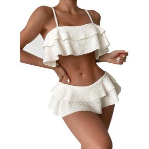 SweatyRocks Women's 2 Piece Ruffle Trim Bikini Set Spaghetti Strap Swimsuit Tiered Bathing Suit