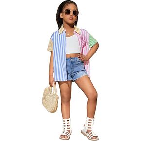 Wdirara Girl's Striped Sleeve Button Button Front Shirt Twlar Pocket Pocket Tops