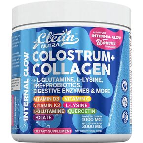 Bovine Colostrum+Collagen Peptides Powder| L-Glutamine L-Lysine Prebiotics Probiotics Digestive Enzymes Vitamin D K2 Vitamin C Quercetin & Folate|Gut Health Supplement Internal Glow By Clean Nutra (1)