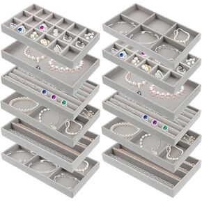 12pcs Small Velvet Jewelry Trays, 8.3 x 5 x 1 Inches Premium Stackable Jewelry Drawers Organizer Trays, Jewelry Storage Display Trays for Necklace Earring Ring Bracelet, 6 Style Grey (Multi -grid)
