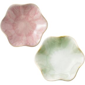 2PCS Ceramic Jewelry Dish, Lotus Leaf Shape Ring Holder Necklace Dish, Small Key Ring Dish, Suitable for Mother Friend Sister, Gifts for Women, Cute Plate Trinket Tray, Home Decor (Pink+Green)