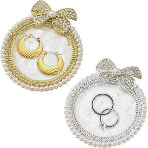 Vintage Jewelry Tray Decorative Trinket Dish Kit, Gold Silvery Pearl Bow Retro Design Coquette Room Decor, Birthday Wedding Ring Tray Gifts for Women 2Pcs - 3 x 3.35 inches