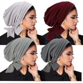 4 Pieces Ramadan Solid Color Turban Hijab Long Tail Head Wraps Muslim Hats Breathable Chemo Cap for Women