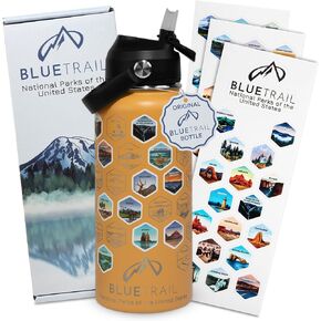 National Parks Water Bottle with Stickers Mountain Blue Color
