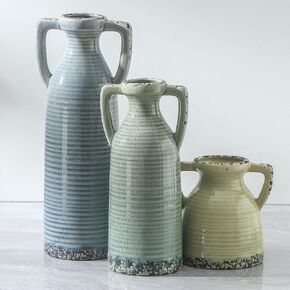 Ceramic Vase Set of 3 with Handles - Rustic Vintage Crackle Vases for Home Decor, Decorative Vase Set for Farmhouse Decor, Dining Table, Living Room, Kitchen, Office - Multicolor