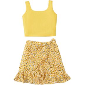 Floerns Girl's 2 Piece Outfits Sleeveless Crop Tank Top and Bow Front Floral Ruffle Layered Skirt Set