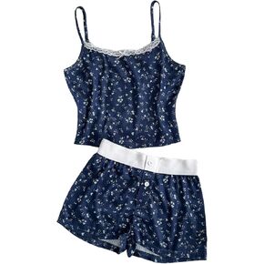 Girl's 2 Piece Floral Summer Outfits Lace Bow Camisole Tops and Button Front Short Clothing Sets