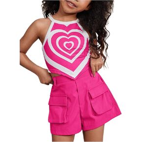 MakeMeChic Girl's 2 Piece Outfits Heart Print Crop Top and Wide Leg Shorts Matching Set