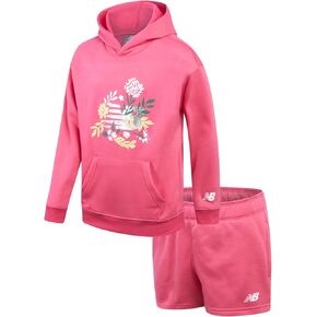 طقم شورت نشط للفتيات من نيو بالانس - سويت شيرت بغطاء للرأس من الصوف وشورت للعرق - طقم ملابس ربيعي لطيف للفتيات (7-12) in Kuwait