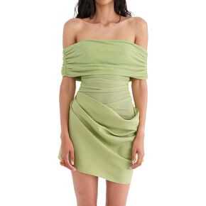 Women Off Shoulder Mini Dress Sheer Mesh Ruched Short Dress Sexy Y2k Dresses Beach Clubwear