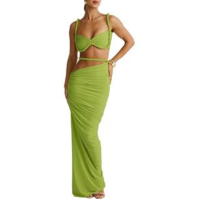 shinfy womens Summer Summer اثنين من قطعتين Maxi Skirts Sexy Corset Top Ruched Long Skirt Beach Dress 2 قطعة نادي ملابس