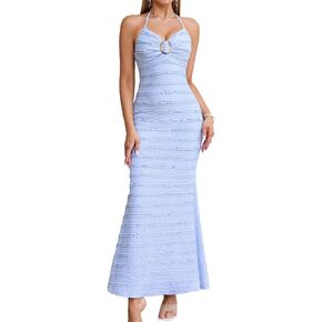 HTZMO Women Elegant Summer Casual Bodycon Maxi Dress Sexy V Neck Halter Ruffle Wedding Guest Formal Long Dresses