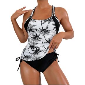 MakeMeChic Women's 2 Piece Tankini Sets Tropical Print Racer Back Tie Side Beach Swimsuit