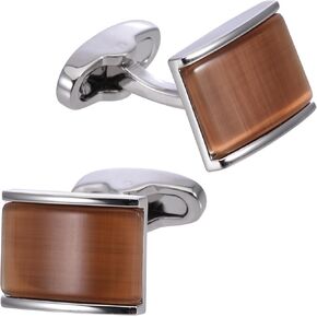 Rectangle Brown Cats Eye Gemstone Cufflinks for Men Women In Gift Case Silver Elegent Gem Men's Cufflinks Jewelry Set for Wedding Party Anniversary Business Events Tuxedo Dress