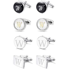 LOYALLOOK 4 Pairs W Letter Shirts Cufflinks, Alphabet Set, Fashion Dazzle Tuxedo Accessories for Men - Elegant Formal Wear for Weddings/Business - Silver/Black/gold
