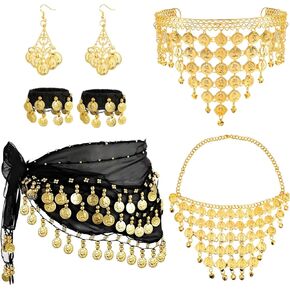 7 PCS Gypsy Costume Set, Fortune Teller Outfit Accessories for Women, Chiffon Belly Dance Hip Scarf with Coin Headpiece Necklace Bracelet Earrings, Halloween Gitana Cosplay Supplies
