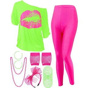 Blulu 80s Women Costume Set, Lips Print off Shoulder T-shirt, Geometric Legging Pants Earring Necklace Gloves Bracelet