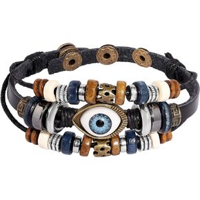 MINACHI Evil Eye Bead Layered Bracelets, Vintage Gothic Leather, Stacked Bracelet Set for Women