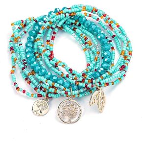 Boho Multilayer Stackable Bracelets Crystal Beaded Bracelets Set Cyan Blue Bohemian Handmade Beaded Bracelets Strand Statement for Women Jewelry