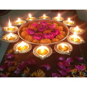 Precious Craft/Urli Bowl Flower Shape Floating Flowers & Tea Light Candles for Home Decor Housewarming Items, Having 12 Diya, Size:- 14"x14" [Ounce-17.85 =Gram-506]