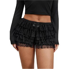 Verdusa Women's Y2K Mesh Lace Ruffle Shorts Tiered Layered Bloomer Elastic Low Waist Mini Shorts