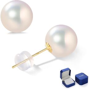 14K Solid Gold Earrings with Akoya Cultured Pearl Studs, Classic Round Blue/Golden/White Pearl, Hypoallergenic for Sensitive Ears, Jewelry Gifts for Women
