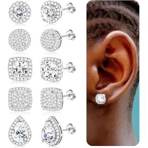 LOYALLOOK Cubic Zirconia Stud Earrings for Women Men Simulated Diamond CZ Halo Stud Earrings Round Square Iced Out Earrings 18K Gold Plated Hypoallergenic 925 Sterling Silver Post Earrings Set