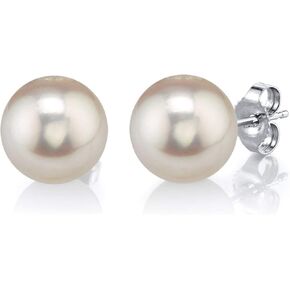 THE PEARL SOURCE Round White Freshwater Real Pearl Earrings for Women - 14k Gold Stud Earrings | Hypoallergenic Earrings with Genuine Cultured Pearls, 10.0-10.5mm