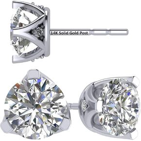 Lucita Simulated Diamond Stud Earrings with Solid 14K Gold Posts & Sterling Silver Basket, 3 & 4 Prongs