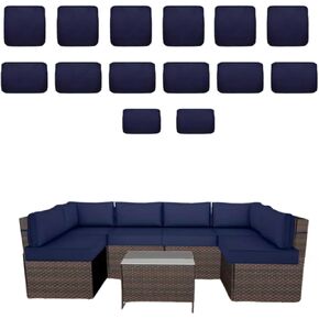 14 PCS Cushion Cushions Slipcovers في الهواء الطلق تغطي وسادة الفناء في الهواء الطلق بديلة مقاومة للماء مع سحاب للأثاث في الهواء الطلق يناسب 6 مقاعد ، أريكة الأريكة ، يغطي فقط (الأزرق البحري ، 25.6 * 25.6 * 4 بوصة)