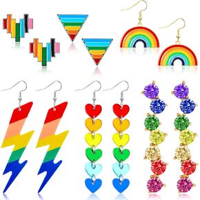 Hicarer 6 Pairs Rainbow Pride Earrings Lightweight Chain Rainbow Love Wins Dangle Mesh Drop Clip on Earrings for Women (Cute Style)