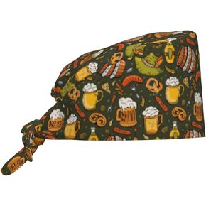 Doodle Beer Oktoberfest Scrub Caps Adjustable Working Cap with Sweatband Elastic Tie Back Hats for Women Men