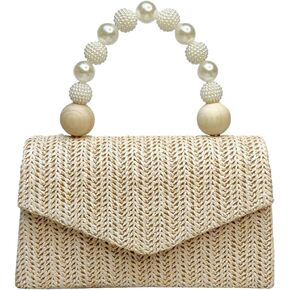 Straw Evening Handbag for Women Exquisite Pearl Beaded Top-Handle Purse Small Satchel Purse Woven Clutch Bag 2025