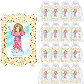 Quelay 12 Pcs Our Lady of Guadalupe Wooden Picture Frames with Organza Gift Bags Baptism Favors for Guests First Communion Christening Memorial Engrave Guest Gift Catholic Gifts Recuerdos De Bautizo