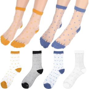 4 Pairs See Through Socks Women Sheer Socks Women Ankle Thin Sheer Crew Socks Women Summer Silk Socks Transparent Polka Dot Mesh Lace Socks Retro Fashion Crew Socks