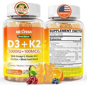 النبات العضوي D3 5000 IU + K2 (MK-7) 100 MCG -5x امتصاص من D3K2 القياسي ، 100 ٪ الكاملة من الغذاء المشتق أوميغا 3 ، الميثيل B12 ، فيتامين C ، الزنك ، و 5 خضروات عضوية ، يدعم قوة العظام والأسنان ، المناعة ، المناعة