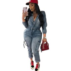 Mandonce Denim Romper for Women zip up beamsuit بأكمام طويلة مع جيوب عالية من البضائع Jean Jean بذلة للنساء