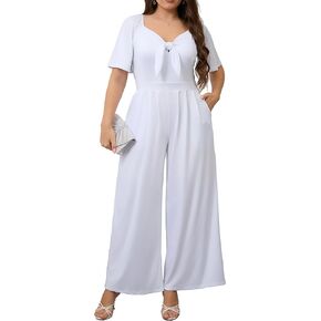 VERWIN Plus Size Women's Jumpsuit with Pockets Elastic Ruffle Short Sleeve V Neck Smocking Back Wide Pleated Pants Romper