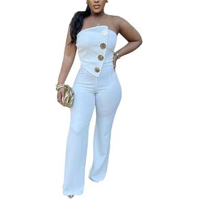 Women Elegant Wide Leg Jumpsuits Off Shoulder Sleeveless Loose Straight Leg Pants Rompers