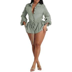 Famnbro Womens Summer Rompers Long Sleeve V Neck Drawstring Bubble Short Cute Jumpsuit One Piece Club Outfits