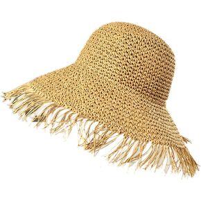 Summer Brown Tassels Beach Hat Women Large Brim Crochet Sunshade Beach Cap Holiday Travel Foldable Straw Woven Sun Hat